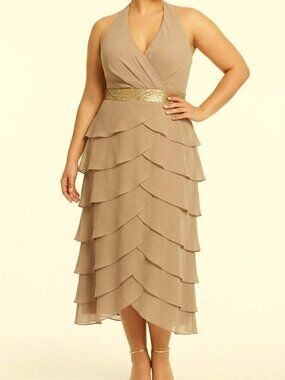 Raylia Designs "Mocha" Scalloped Chiffon Halter Gown NEW- Sz. 16
